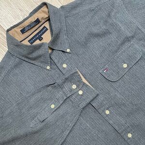 Vintage Y2K Tommy Hilfiger Long Sleeve Button Down Shirt Mens L Gray Herringbone